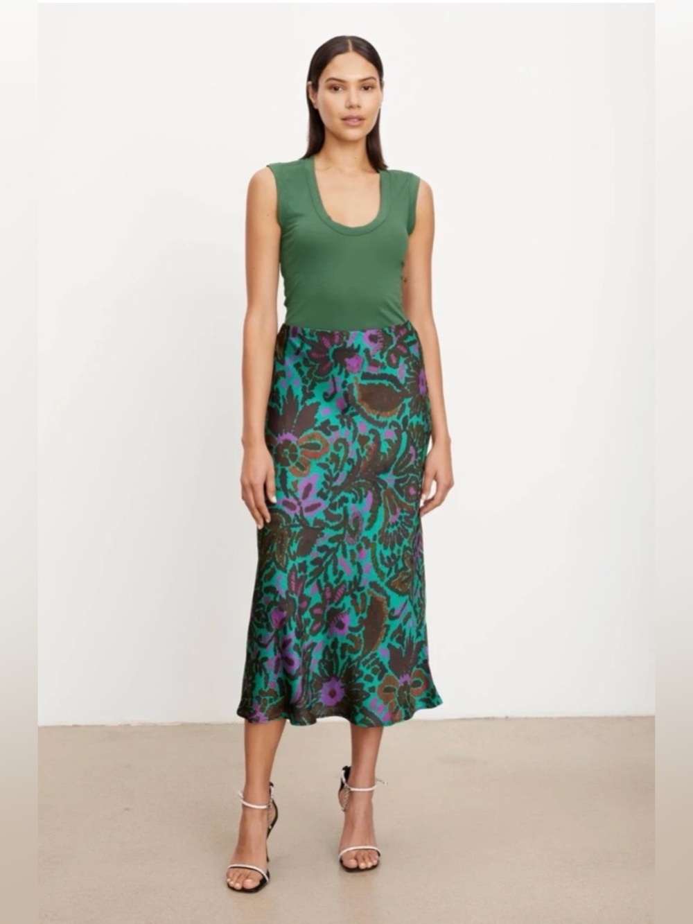 Velvet by Graham & Spencer Kaiya Green and Purple Printed Satin Skirt